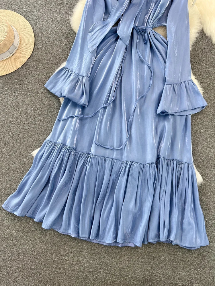 Elegant and Chic Solid Evening Dresses for Women Fashion New Bow Lace Up Flare Long Sleeve A-Line Vestidos Autumn Female Clothes