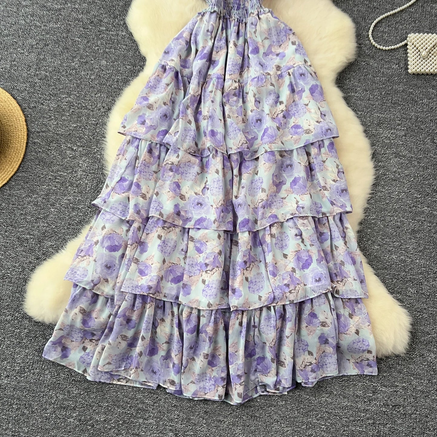 French Vintage  off shoulder short sleeve ruffle Dress Chic Casual Beach Vacation Women Summer chiffon dresses