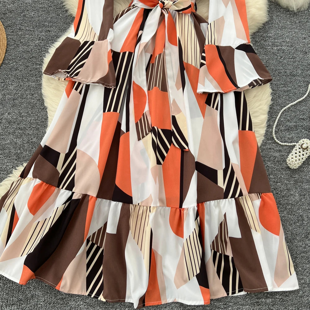 Women Vintage Print Dress for Women Autumn Flare Long Sleeves Lace Up Ruffles Slim Waist Evening Party Dresses A-Line Vestidos