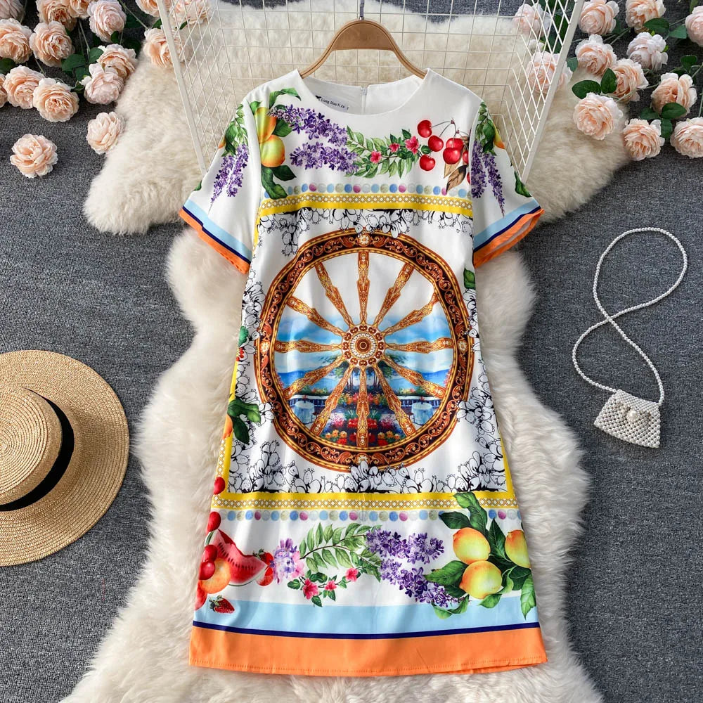 Summer Dresses Fashion Women Clothing 2023 Wedding Party Elegant Vintage Print Dress Round Neck Short Sleeve Straight Mini Dress