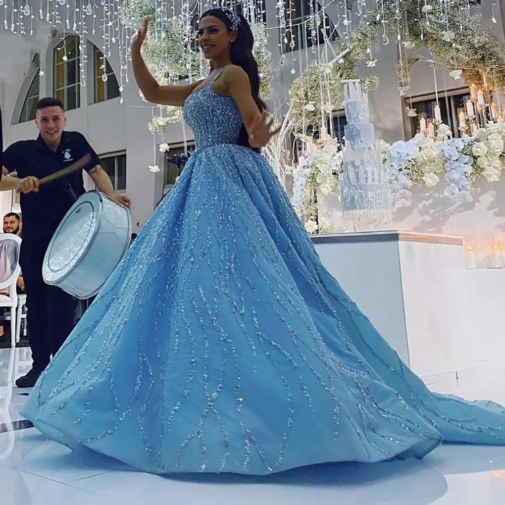 Serene Hill Blue Luxury High end Wedding Dresses 2024 Beaded Sleeveless Lace Up Bridal Dress HM67331 Custom Made