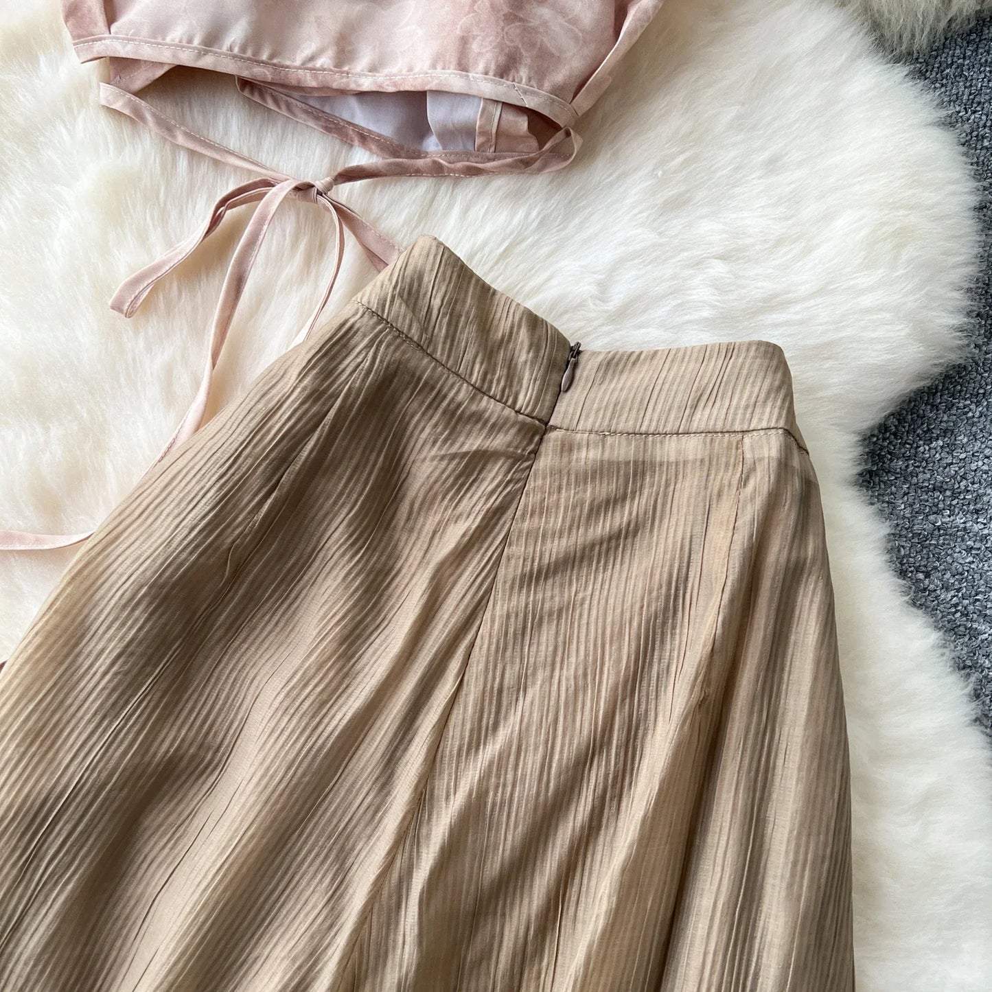 Women Vintage Two Pieces Skirt Sets Women sleeveless Crop Top  Elastic Waist High Elastic loose Wide leg pant