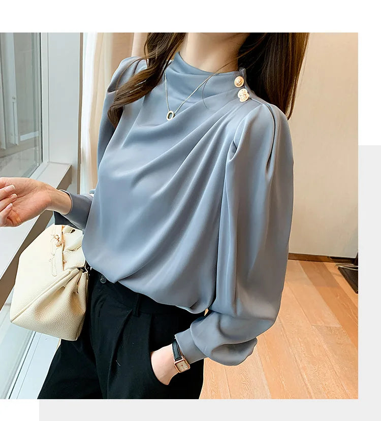 Autumn New Women's Style Stand up Collar Pleated Long Sleeve Top Fashion Lantern Sleeve Loose Elegant Solid Color Shirt Blouse