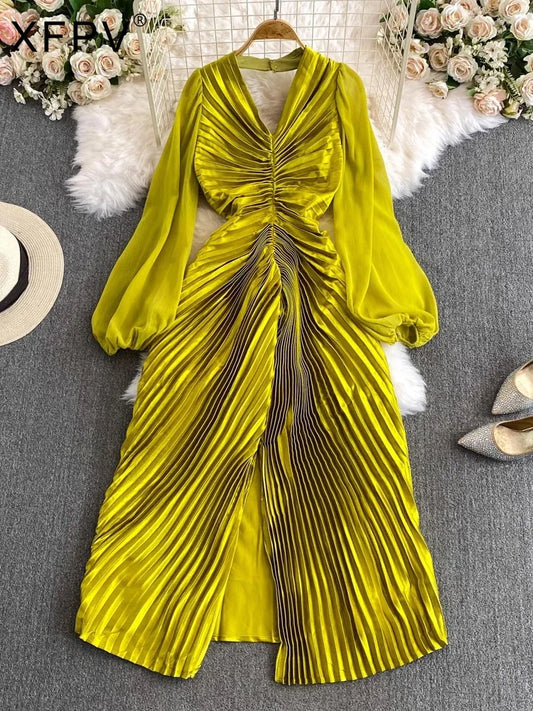 XFPV Women's Temperament Puff Long Sleeve Hanging Neck Split Metal Pleated Dress Vestidos Y2k Fashion Tide Spring Summer 2024