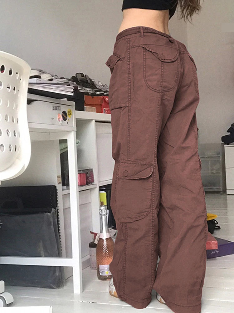 Women's High Waist Cargo Pants with Lace Belt Street Multi Pocket Straight Leg Casual Trousers Spring Autumn New Y2K Vintage