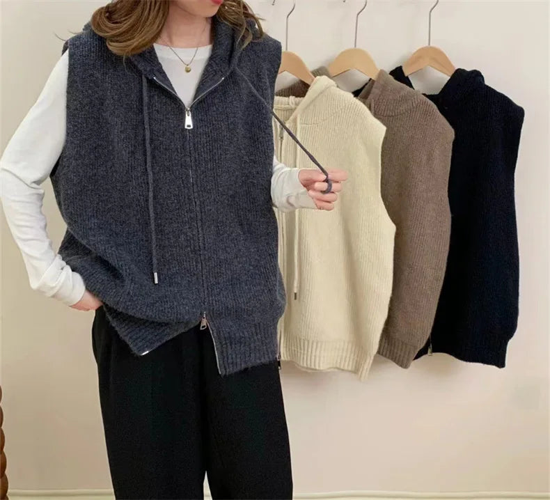 Zipper Knitted Hoodie Women's Autumn and Winter New Style Loose Casual Sleeveless Sweater Solid Color Trendy Tank Top Coat