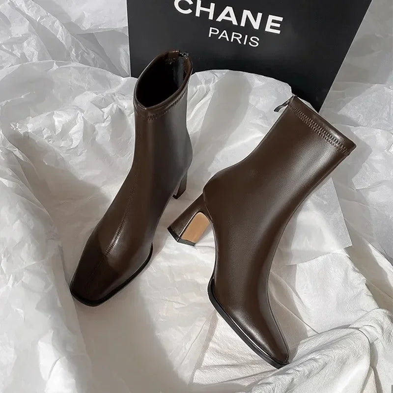 New Women's Ankle Boots Women Winter Black Sexy Square Head Low Heels Footwear Zip Comfy Short Boots White Stretch Tight Boots