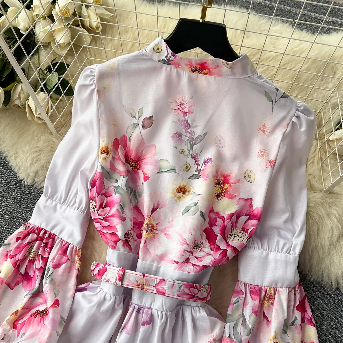 Elegant Party Dresses Women Round Neck Button Up Vintage Floral Print Dress Spring Summer Long Lantern Sleeve Belted Mini Dress