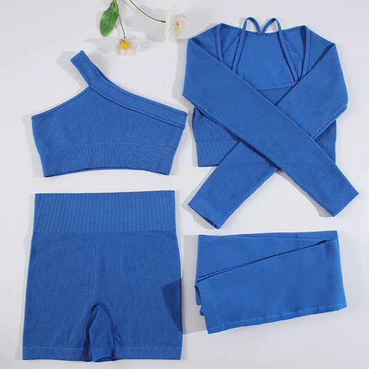 CHRLEISURE 2PCS Ribbed Sport Set Women Seamless Yoga Suit Elastic Workout Outfit Slim Athletic Activewear Female Gym Tracksuit