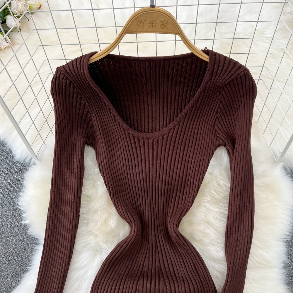 Women Chic Elegant Long Sleeve Bodycon Vneck Dress Sexy French Fashion Knit Wrap Vestidos Elastic Slim Pencil Sweater Dress