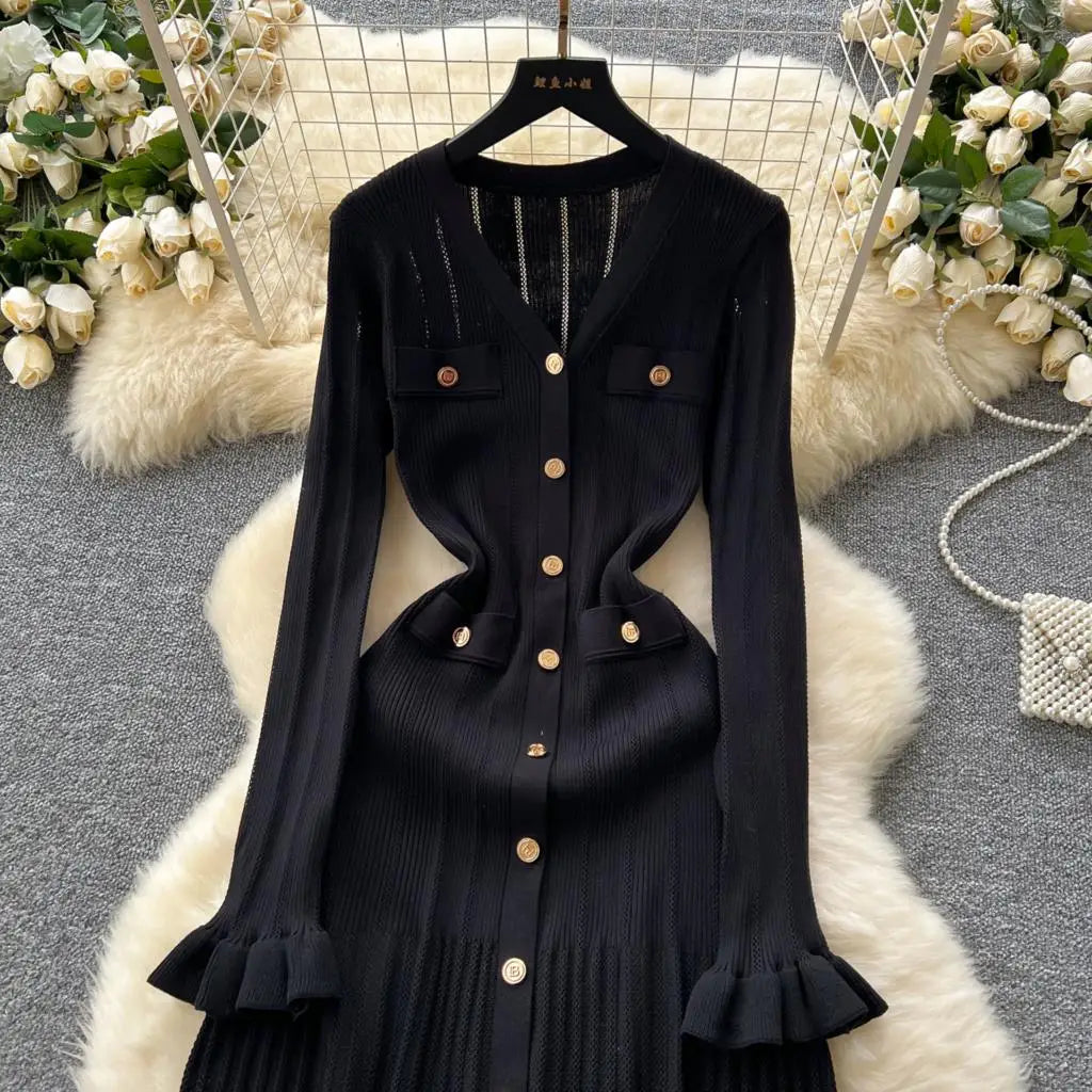Elegant Women Solid Knitted Dresses Autumn V-Neck Single Breasted Chic Flared Sleeve Ruffles Hem Casual Female Slim Office Robes