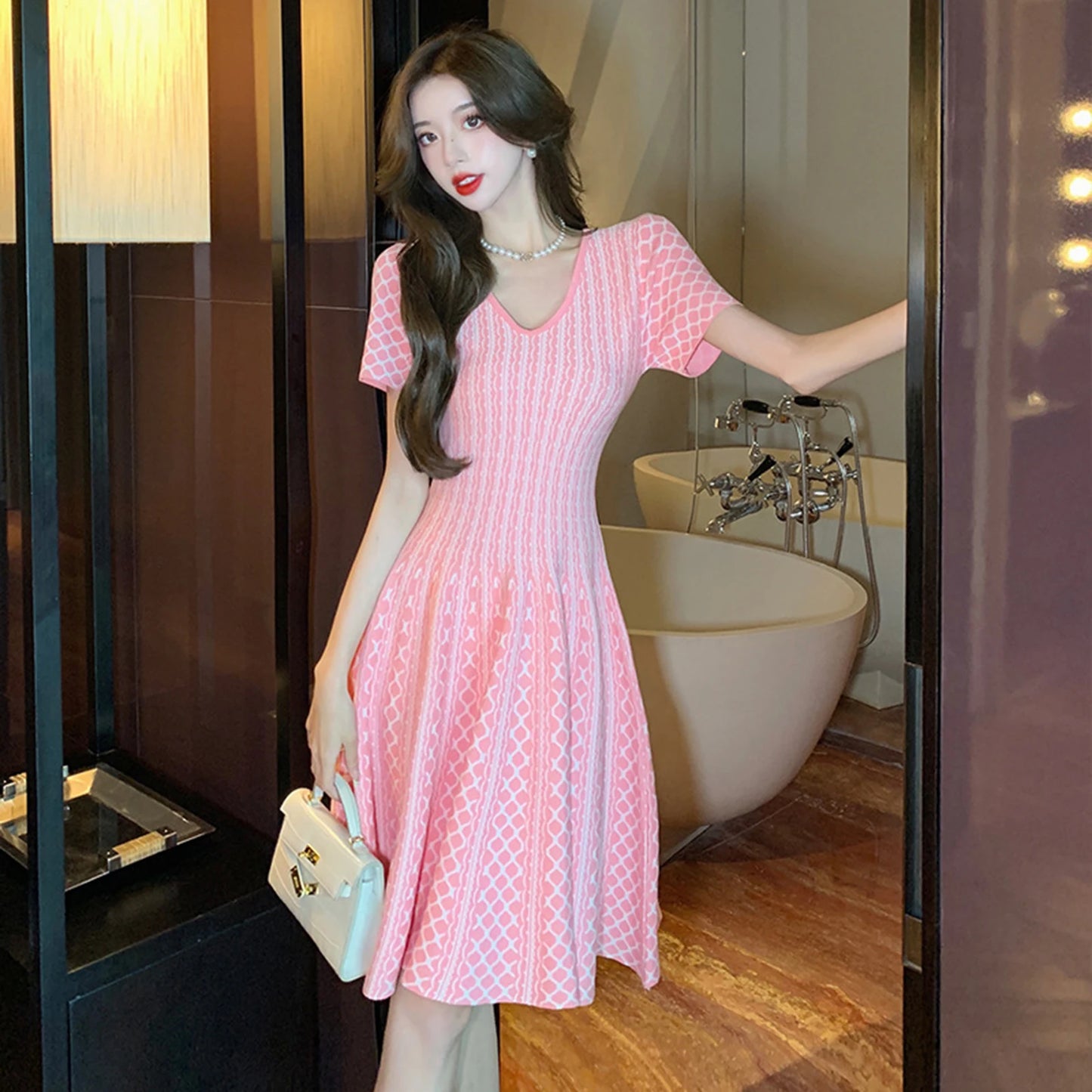 Women's Vintage Pink Knitted Mini Dress Small Fragrance V-Neck Short Sleeve Slim Fit Dresses Elegant Casual Spring Summer Female
