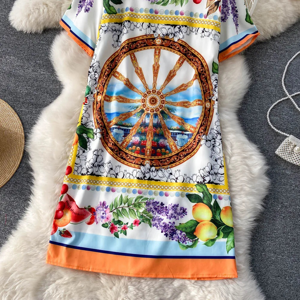 Summer Dresses Fashion Women Clothing 2023 Wedding Party Elegant Vintage Print Dress Round Neck Short Sleeve Straight Mini Dress