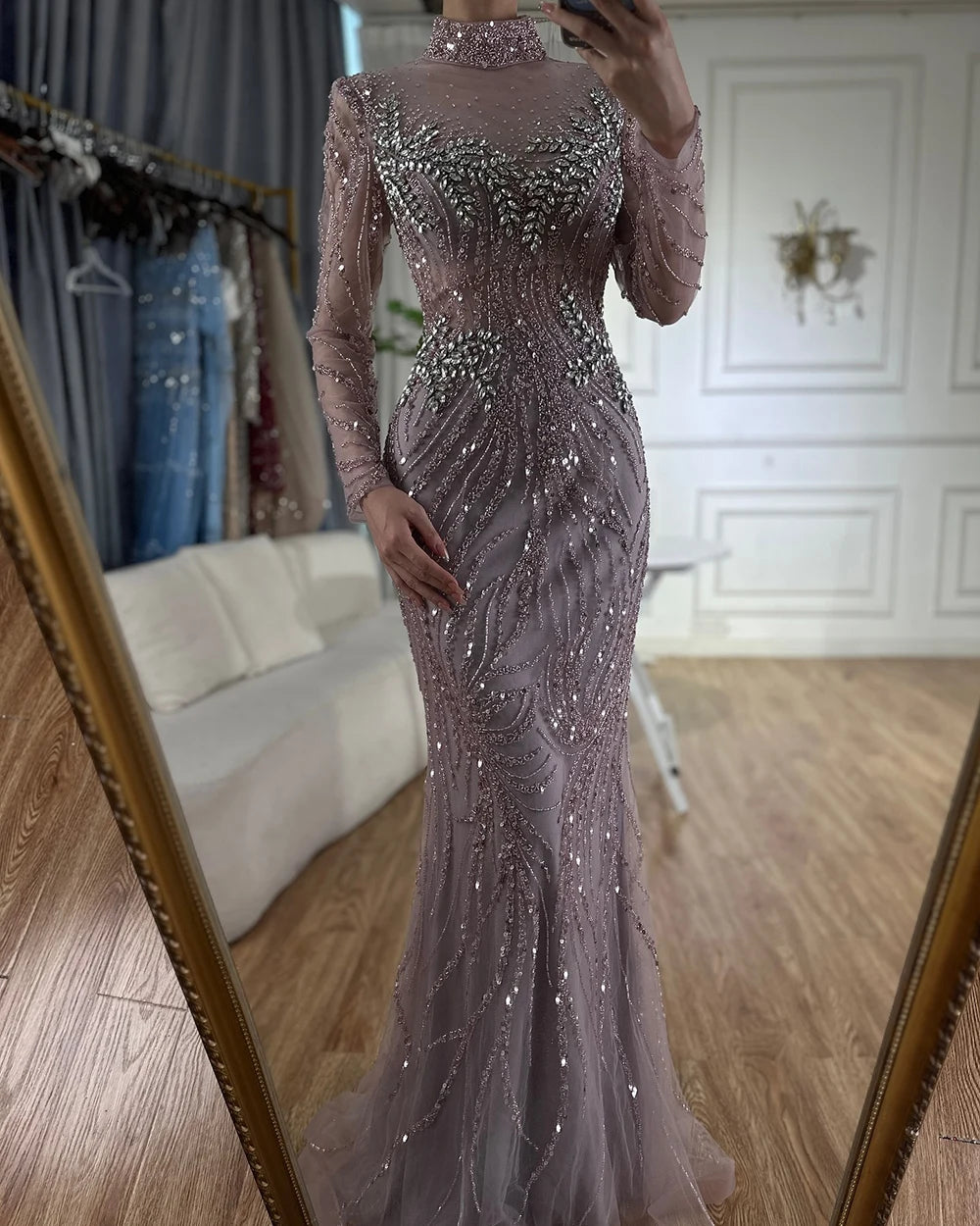 Serene Hill 2024 Saudi Arabic Elegant Pink Mermaid Beaded Long Evening Gown for Formal Occasion LA72754
