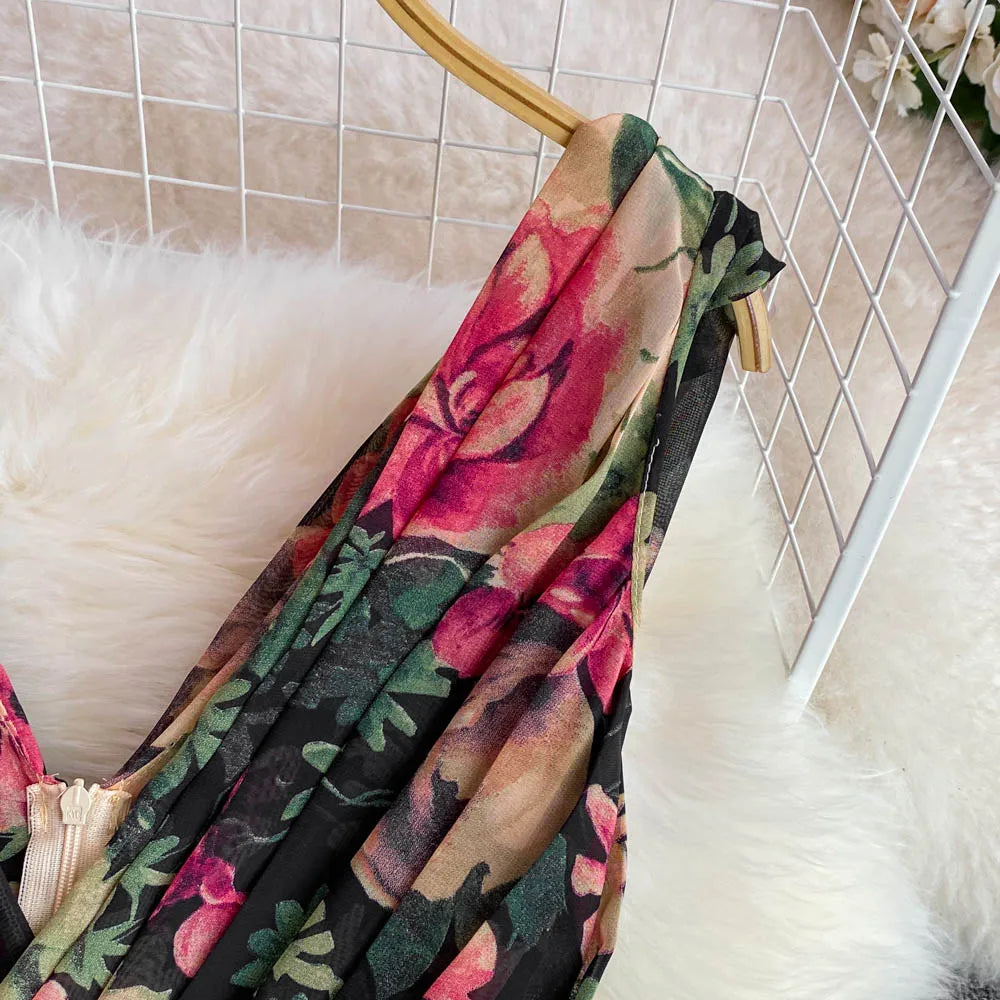 Elegant Evening Party Dress Women Sexy V-neck Floral Printed A-line Long Dresses Ladies Sleeveless Slim A-line Chiffon Long Robe