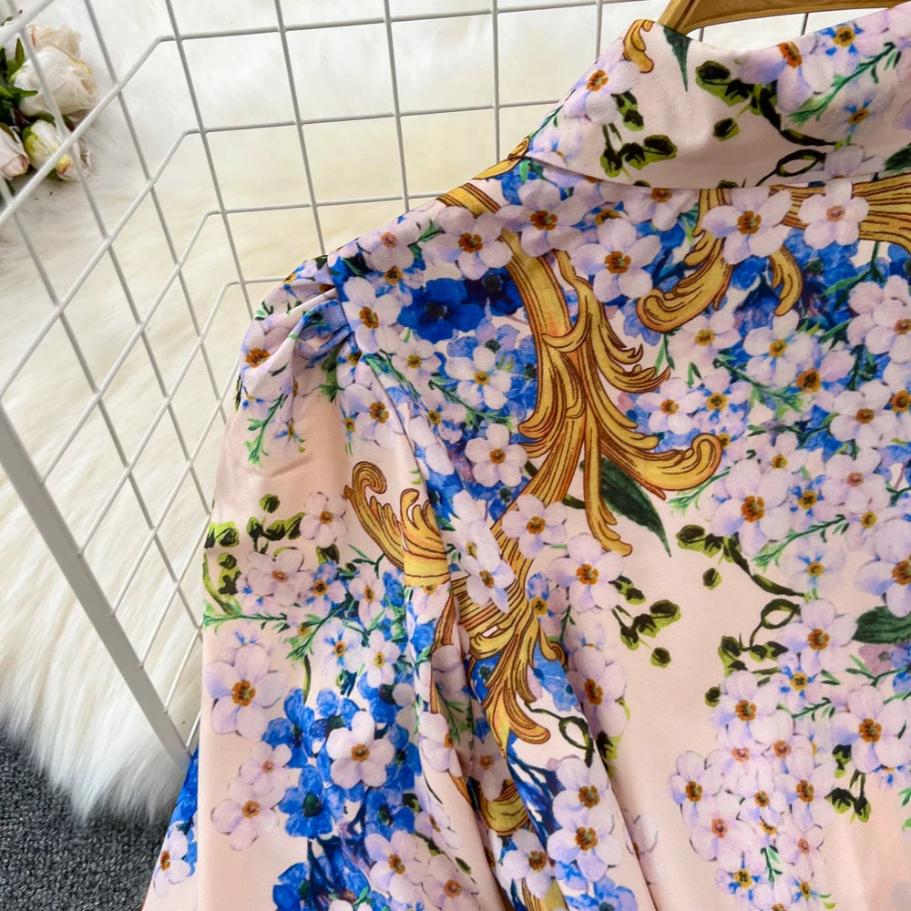 Vintage Print Elegant Lantern Long Sleeve Lapel A-line Dress Casual Women  Fashion Autumn Spring Dress