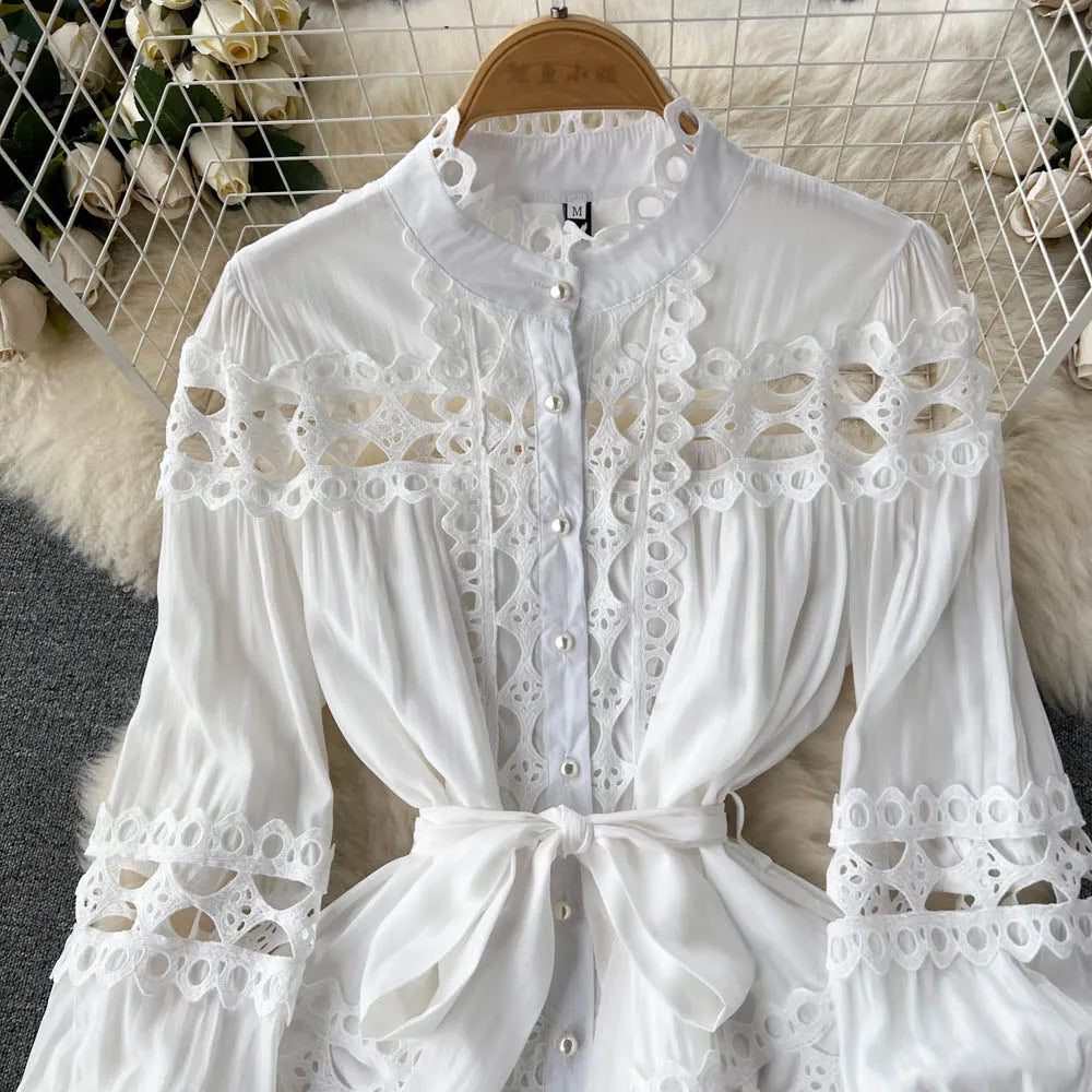 2023 Spring Summer Holiday Dress Women Stand Collar Long Sleeve Button Up Embroidery Trim Luxury Elegant Mini Dress With Belt