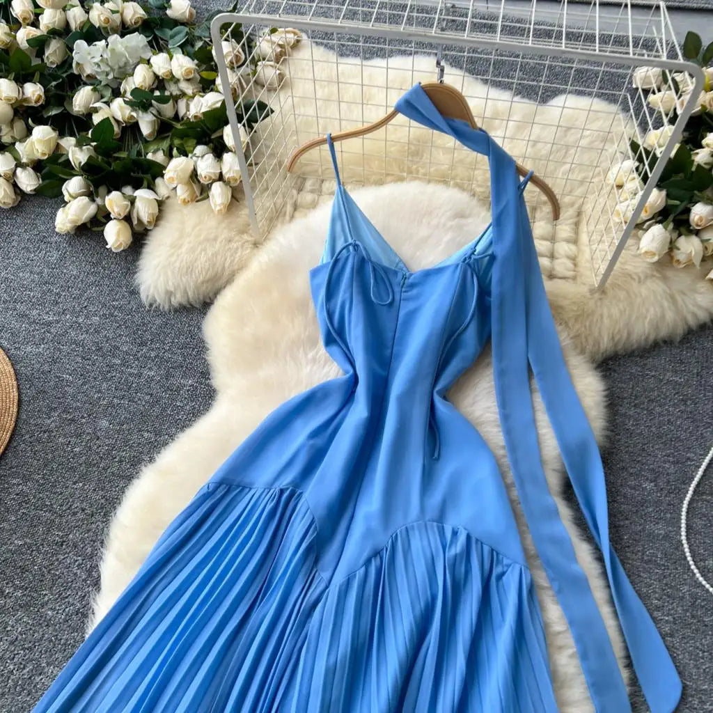 Summer Elegant Casual Women Solid Dress Halter A-Line Beach Holiday Party Long Robe Female Spaghetti Strap Boho Clothes Vestidos