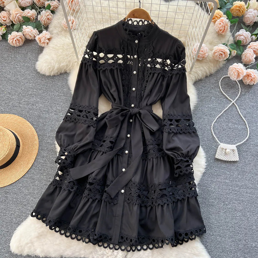 2023 Spring Summer Holiday Dress Women Stand Collar Long Sleeve Button Up Embroidery Trim Luxury Elegant Mini Dress With Belt