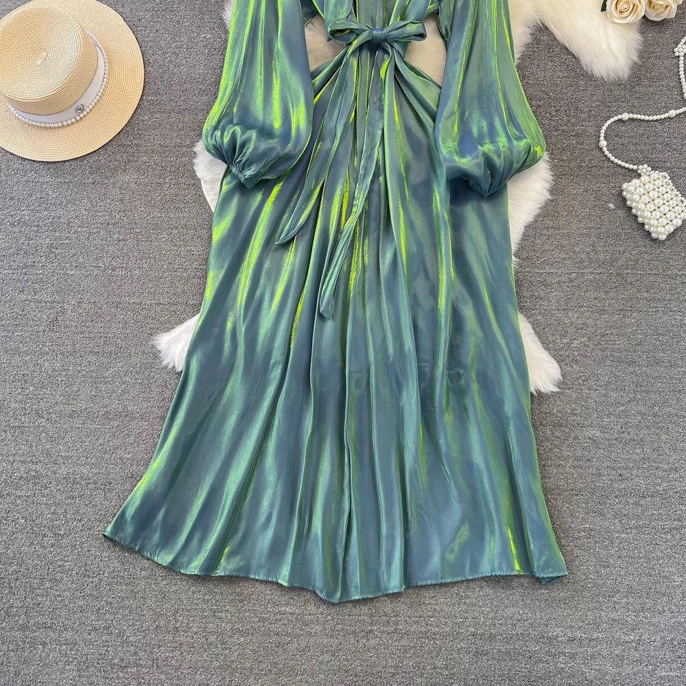 Autumn Elegant Women Fashion Party Long Dress Bow Lace Up Long Sleeve Evening Dresses A-Line Casual Vestidos One Piece Prom Robe