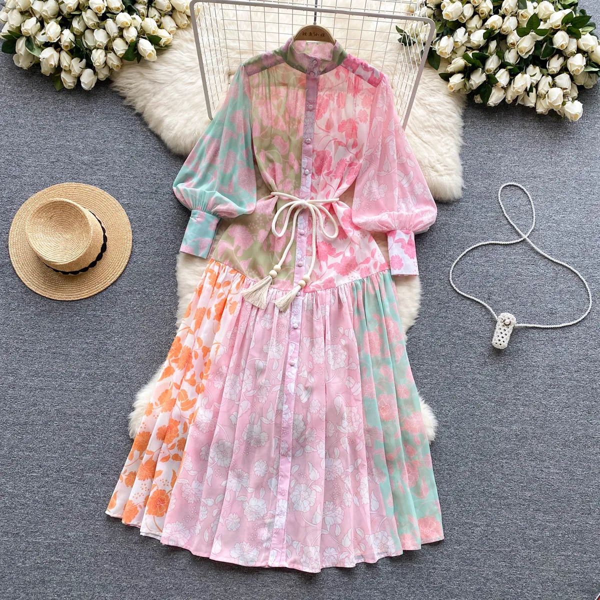 Chic Print Pleated Elegant Lantern Sleeve Dress A-line Casual Lace Up Vacation Party Dress Women Fashion Autumn Spring Vestidos