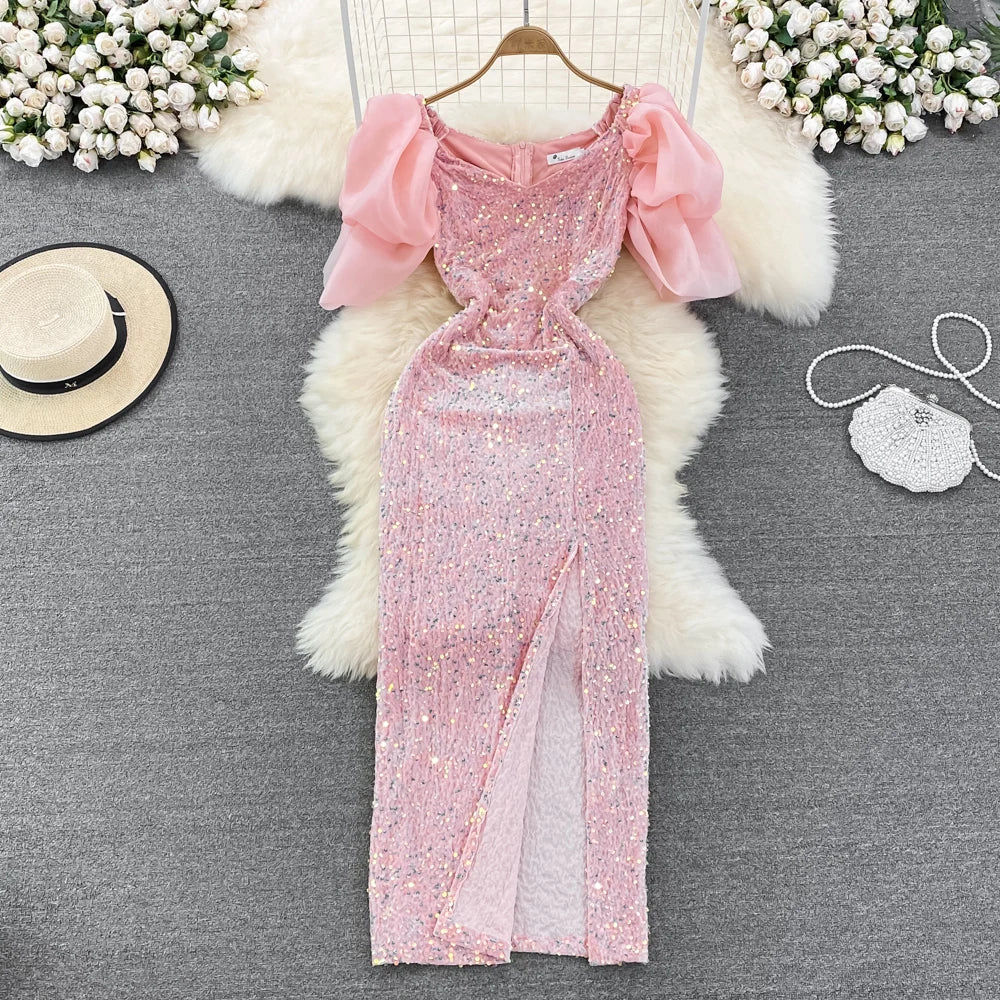 Elegant Square Collar Slim Sequin Women Dresses Luxury High Waist Long Banquet Dress Sexy High Slit Temperament Celebrity Gowns