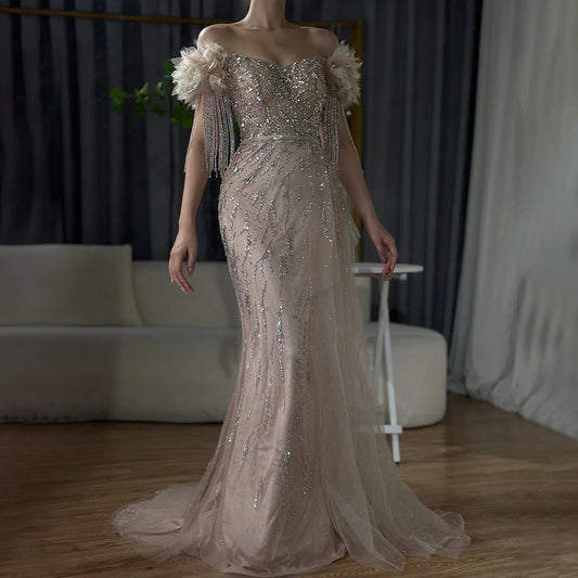 Serene Hill Arabic Dubai Nude Mermaid Luxury Evening Dresses Gowns Boat Neck Beaded Tassel For Women Wedding Party 2024 LA72260