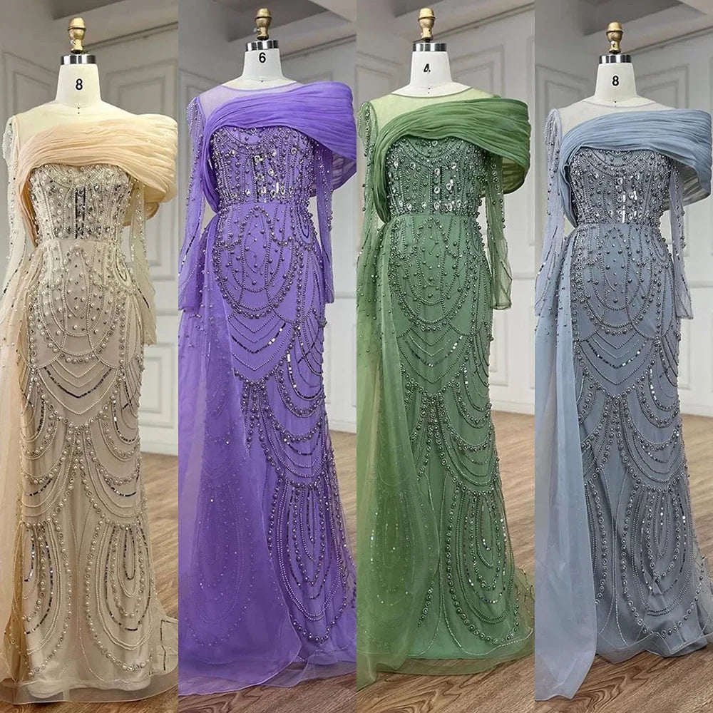 SERENE HILL 2024 Nude Mermaid Luxury Pearls Beaded Evening Dresses Elegant Gowns With Sideskirt Women Wedding Party GLA72348