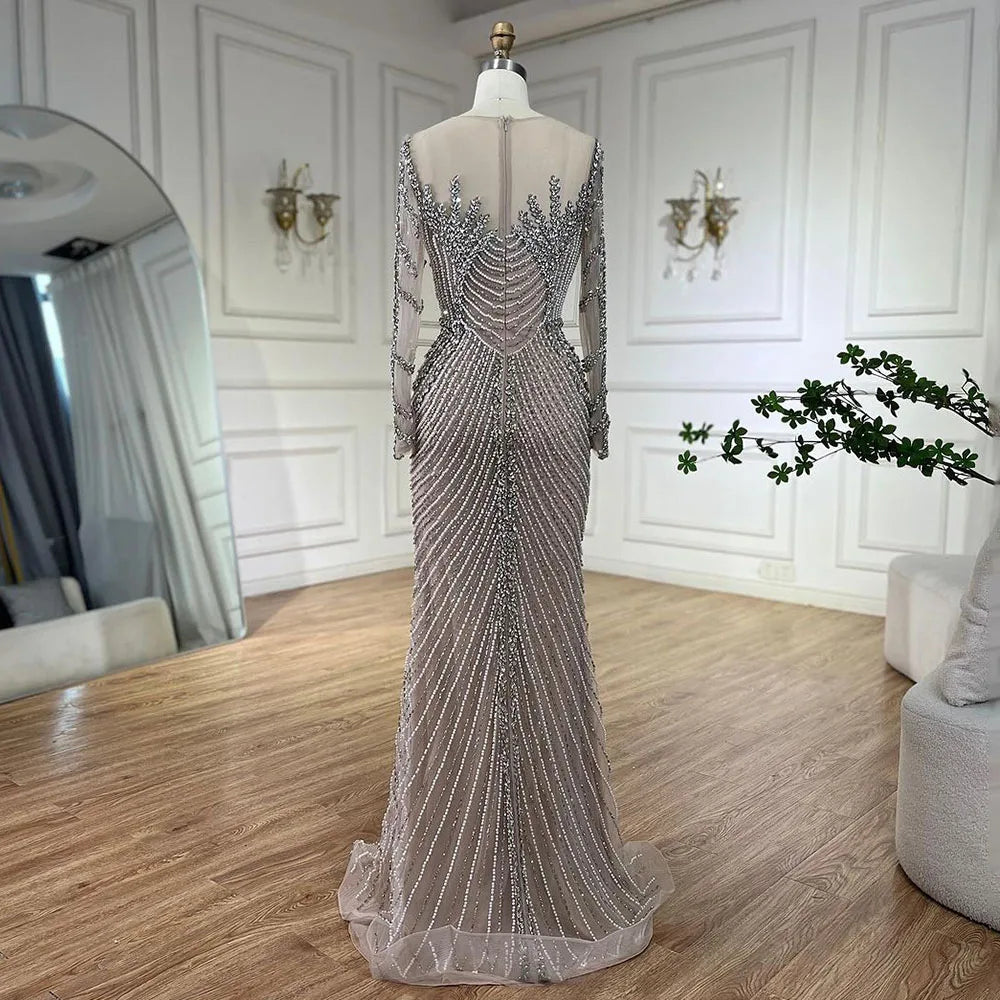 Serene Hill Luxury Crystal Pearls Dubai Sliver Nude Evening Dresses for Women Wedding Formal Prom Party Gown BLA72478