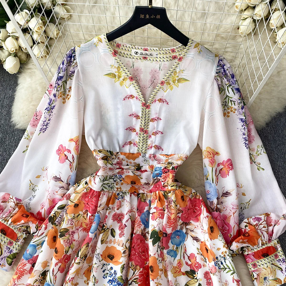Short Dresses 2023 Fashion Women Clothing Party Elegant Vintage Floral Print Dress Womens V Neck Long Sleeve Mini Vacation Dress