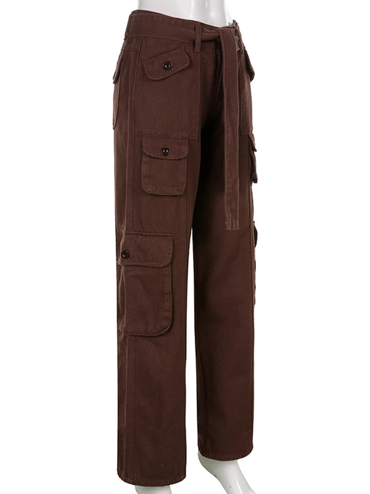Women's High Waist Cargo Pants with Lace Belt Street Multi Pocket Straight Leg Casual Trousers Spring Autumn New Y2K Vintage