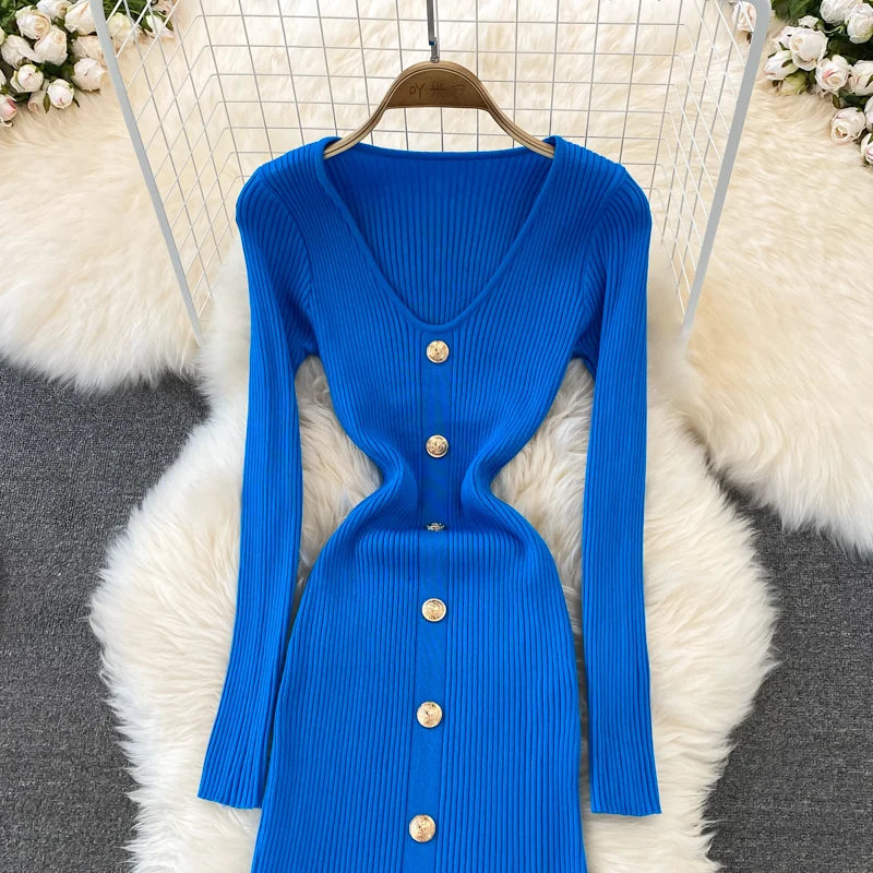 Chic V Neck Long Sleeve Elegant Mermaid Dress Sexy slim Evening Party French Fashion Knit Vestidos High Waist Autumn Slim Robe