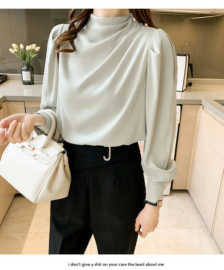 Autumn New Women's Style Stand up Collar Pleated Long Sleeve Top Fashion Lantern Sleeve Loose Elegant Solid Color Shirt Blouse