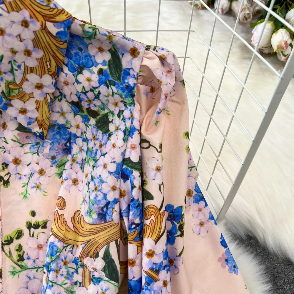 Vintage Print Elegant Lantern Long Sleeve Lapel A-line Dress Casual Women  Fashion Autumn Spring Dress