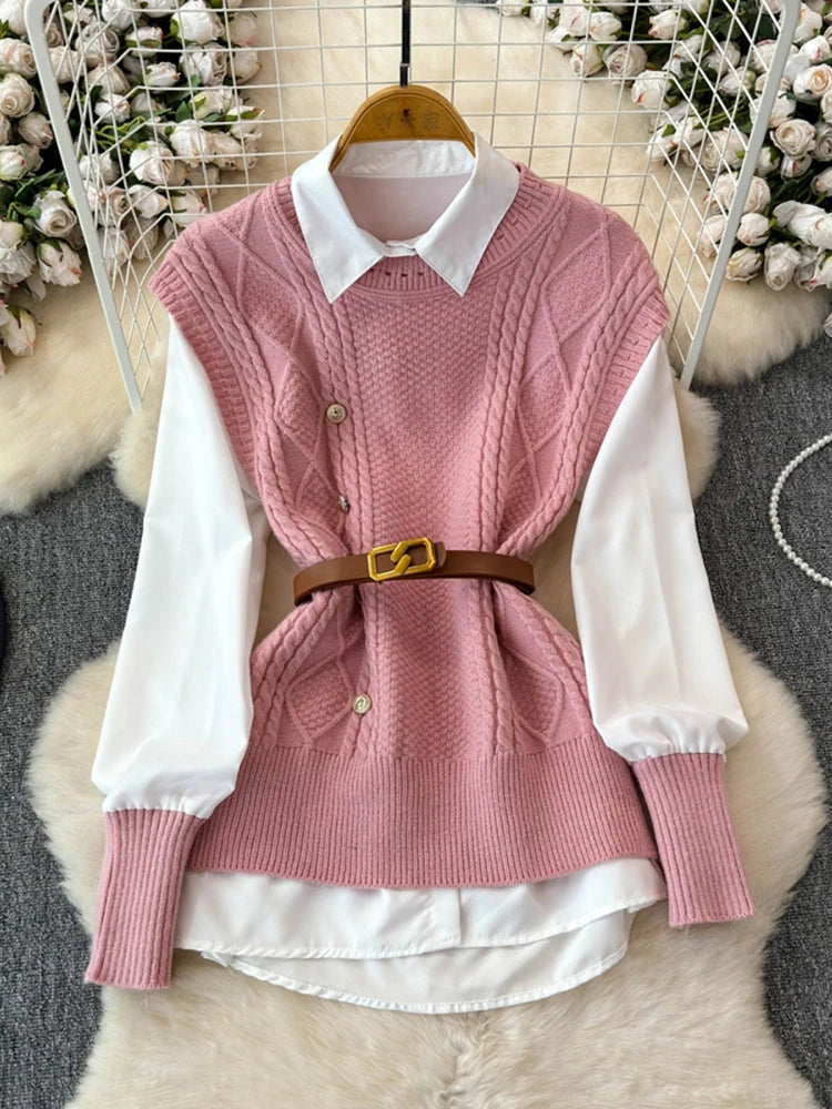 XFPV Women's Sweet Long Sleeve Shirt Top Sweater Knitted Vest Shirt Two Piece Set Y2k Korean Fashion Tide Autumn 2024 SM11613