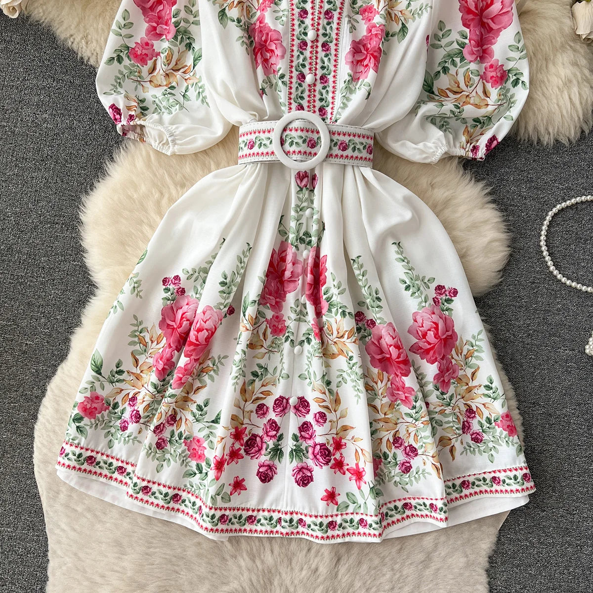 Summer Dress Women 2023 Fashion Clothing V Neck Vintage Floral Print Mini Dress Short Puff Sleeve Belted Elegant Party Dresses