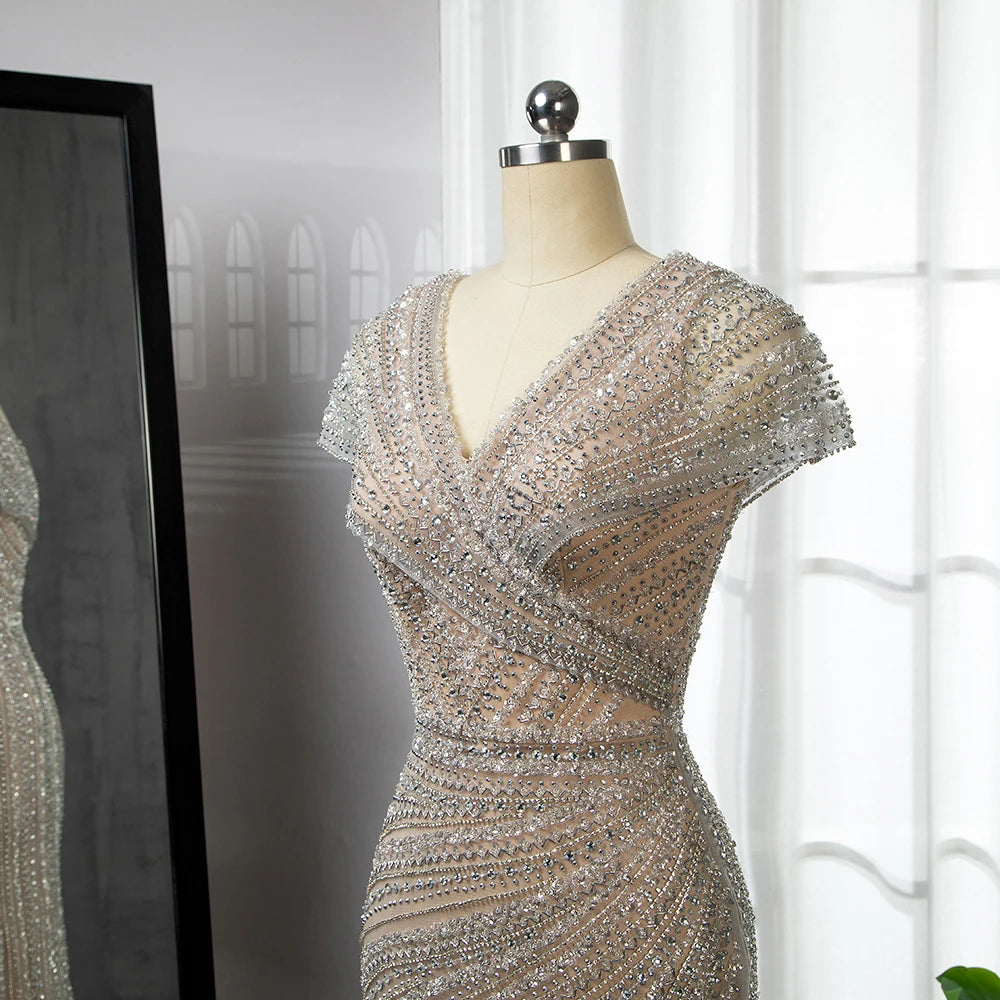 Silver Nude Mermaid Evening Gowns for Women 2023 Dubai Luxury Beading Sparkle Sleeveless Sexy Formal Dress BLA71686 Serene Hill