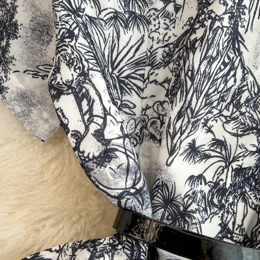Summer Retro Shirt Dress Women Short Sleeved Lapel Single Breasted A-line Print Long Dresses Ladies Elegant Party Long Robe