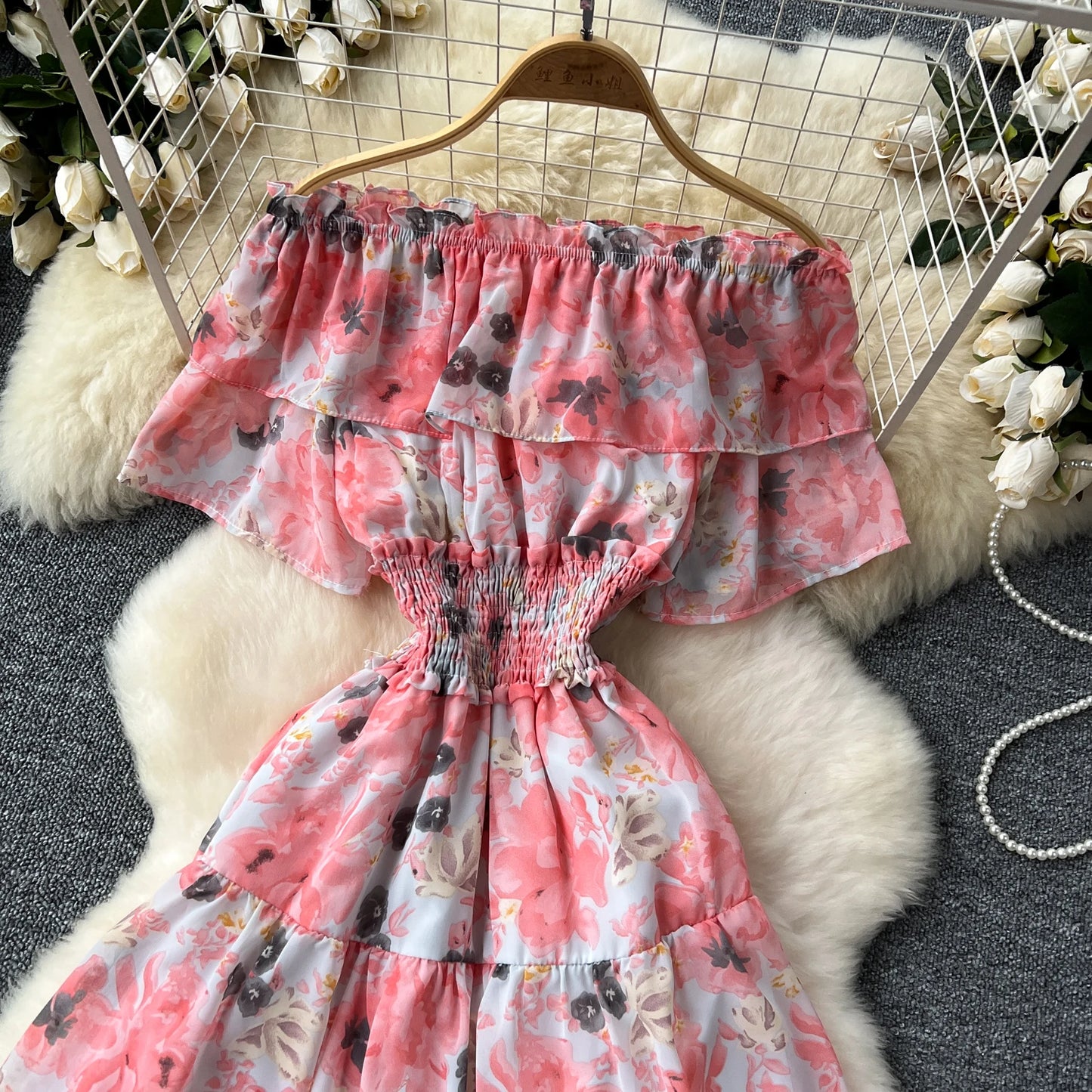 French Vintage  off shoulder short sleeve ruffle Dress Chic Casual Beach Vacation Women Summer chiffon dresses
