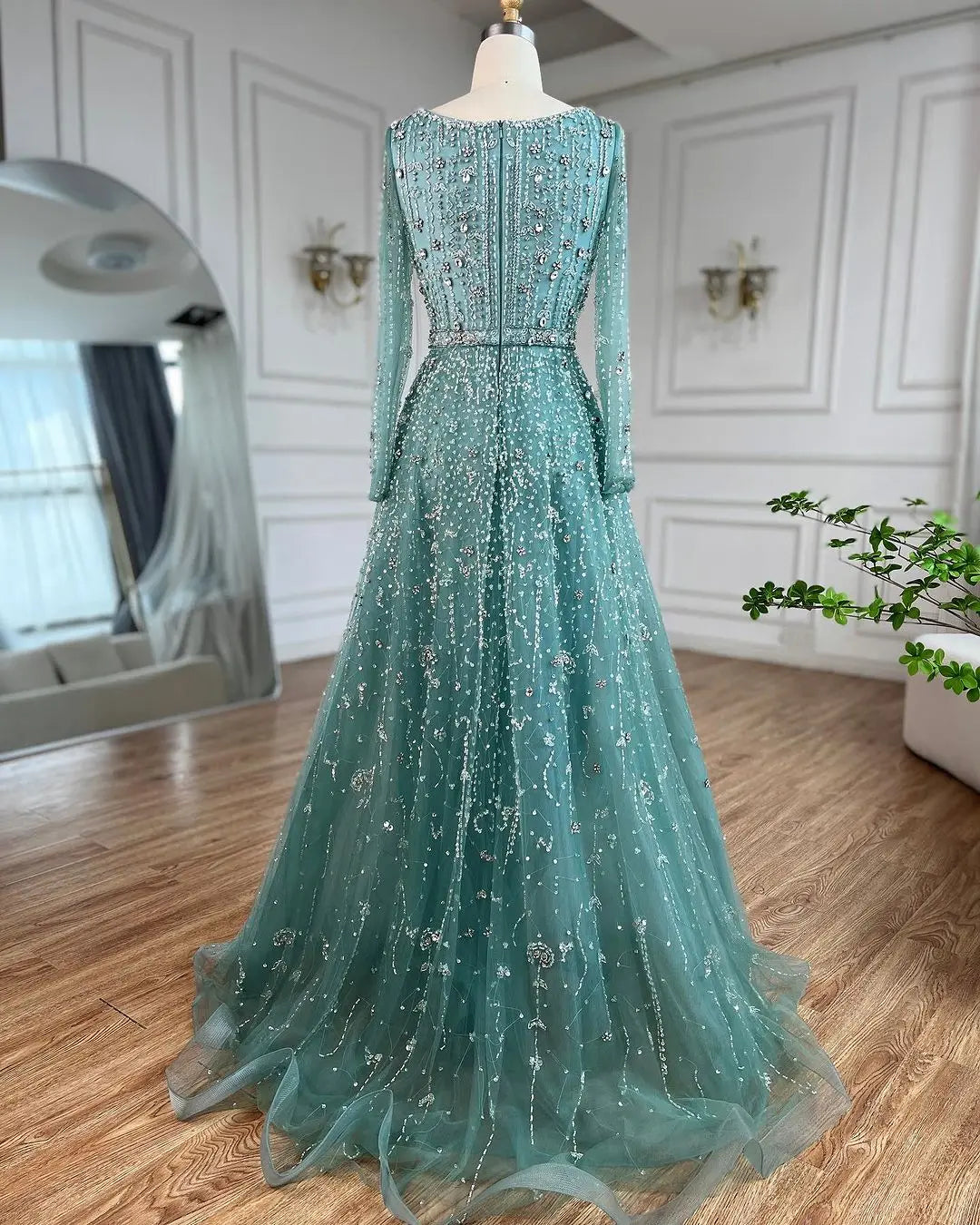 SERENE HILL Dubai Arabic Nude Designer Luxury Beaded Evening Dresses 2024 Long Sleeves Gowns For Women Wedding Party GLA72088