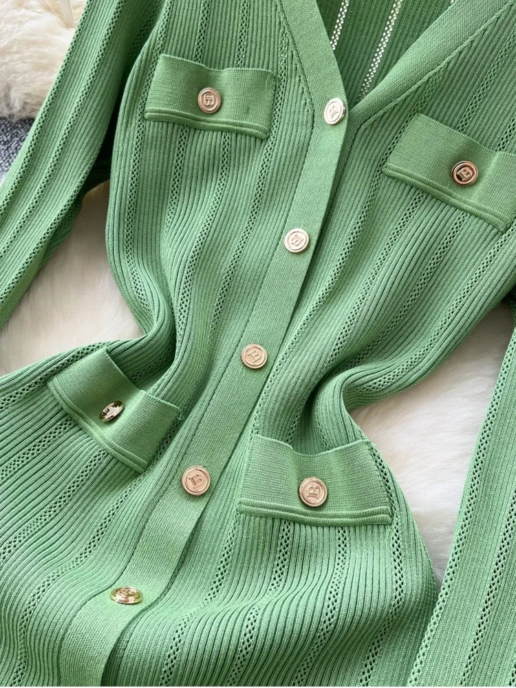 Elegant Women Solid Knitted Dresses Autumn V-Neck Single Breasted Chic Flared Sleeve Ruffles Hem Casual Female Slim Office Robes