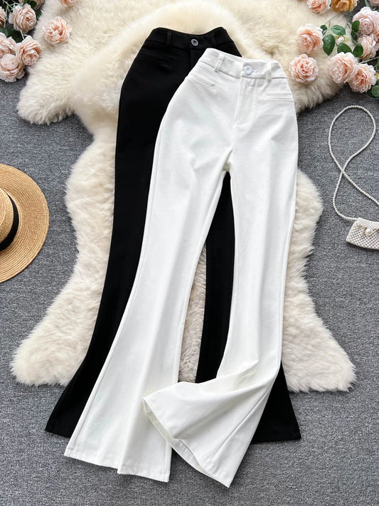 Spring Autumn Retro Flare Pants Women Casual High Waist Draping Slim Wide Leg Bottom Long Pants Korean White Black Trousers