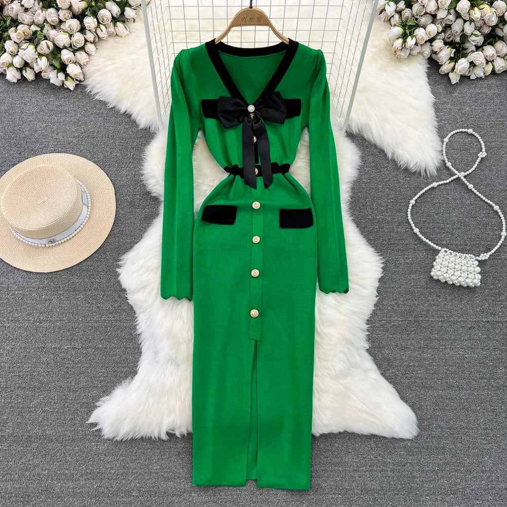 Women Elegant Butterfly Long Sleeve Bodycon V Neck Split Dress Vintage French Slim Knit Tight Vestido Autumn Winter Sweater Robe