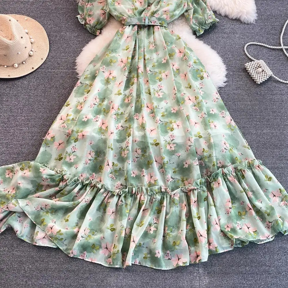 Summer Women Fashion Floral Print Casual Midi Dress Short Sleeve A-Line Maxi Boho Holiday Clothes Female Long Robe Mujers New