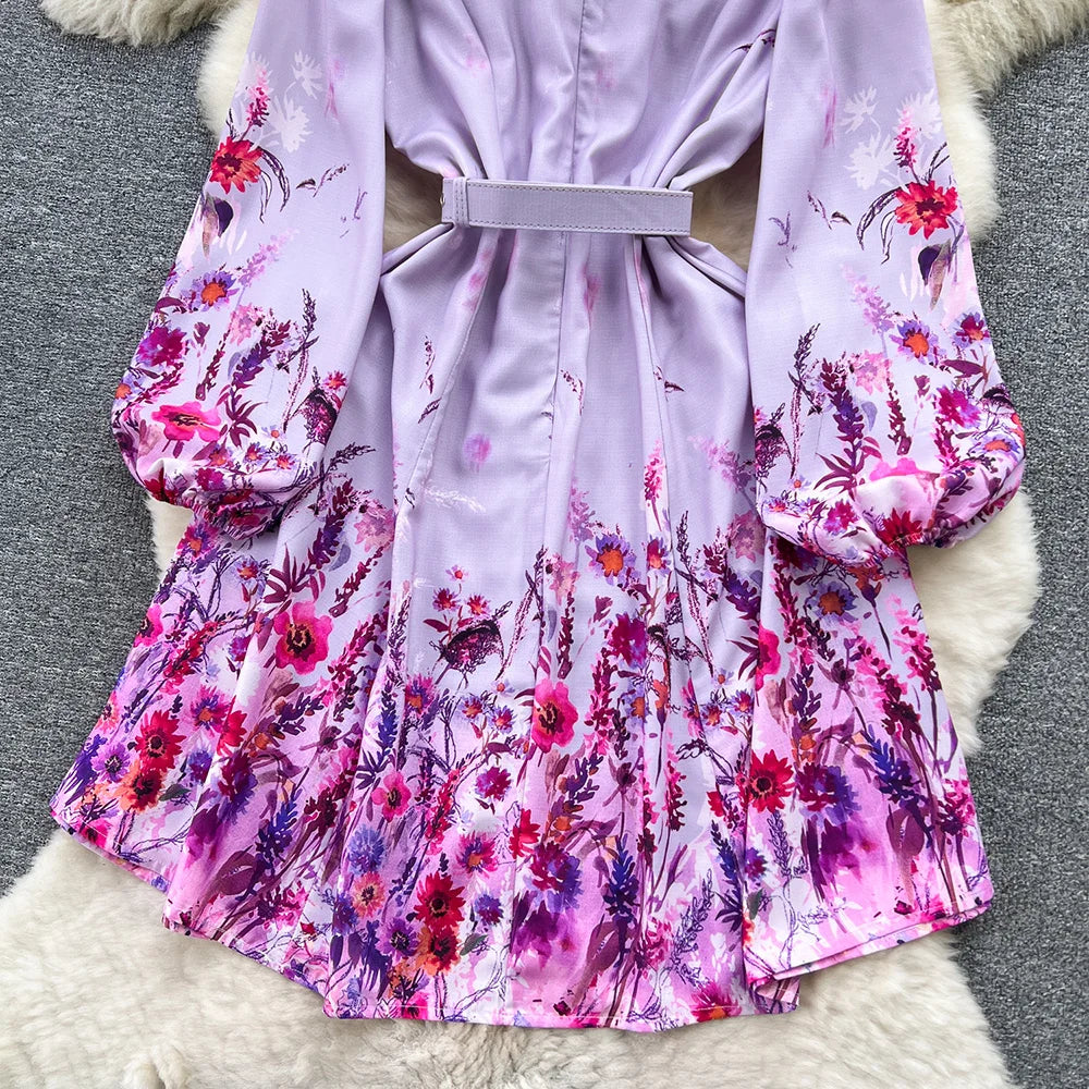 Spring Dresses 2024 Women Clothing Long Sleeve Party Elegant Dress With Belt Stand Collar Vintage Floral Print Holiday Dress