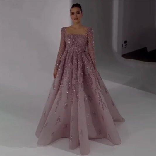Serene Hill Muslim Pink A Line Beaded Luxury Dubai Long Evening Dresses Gowns 2024  For Woman Wedding Party LA71915