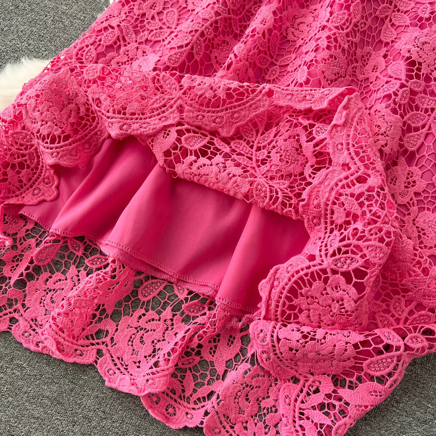 Chic Long Sleeve O Neck Lace Hook Flower Hollow Loose Dress Chiffon A-line Casual Dresses Fashion Women Elegant Vestidos