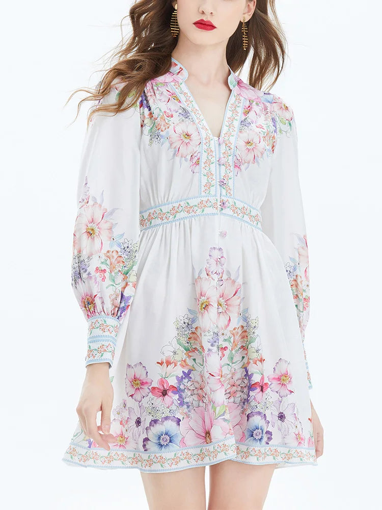 Spring Dresses 2024 Women Fashion Elegant Vintage Floral Print Dress V Neck Front Button Up Long Sleeve Holiday Mini Dress Woman