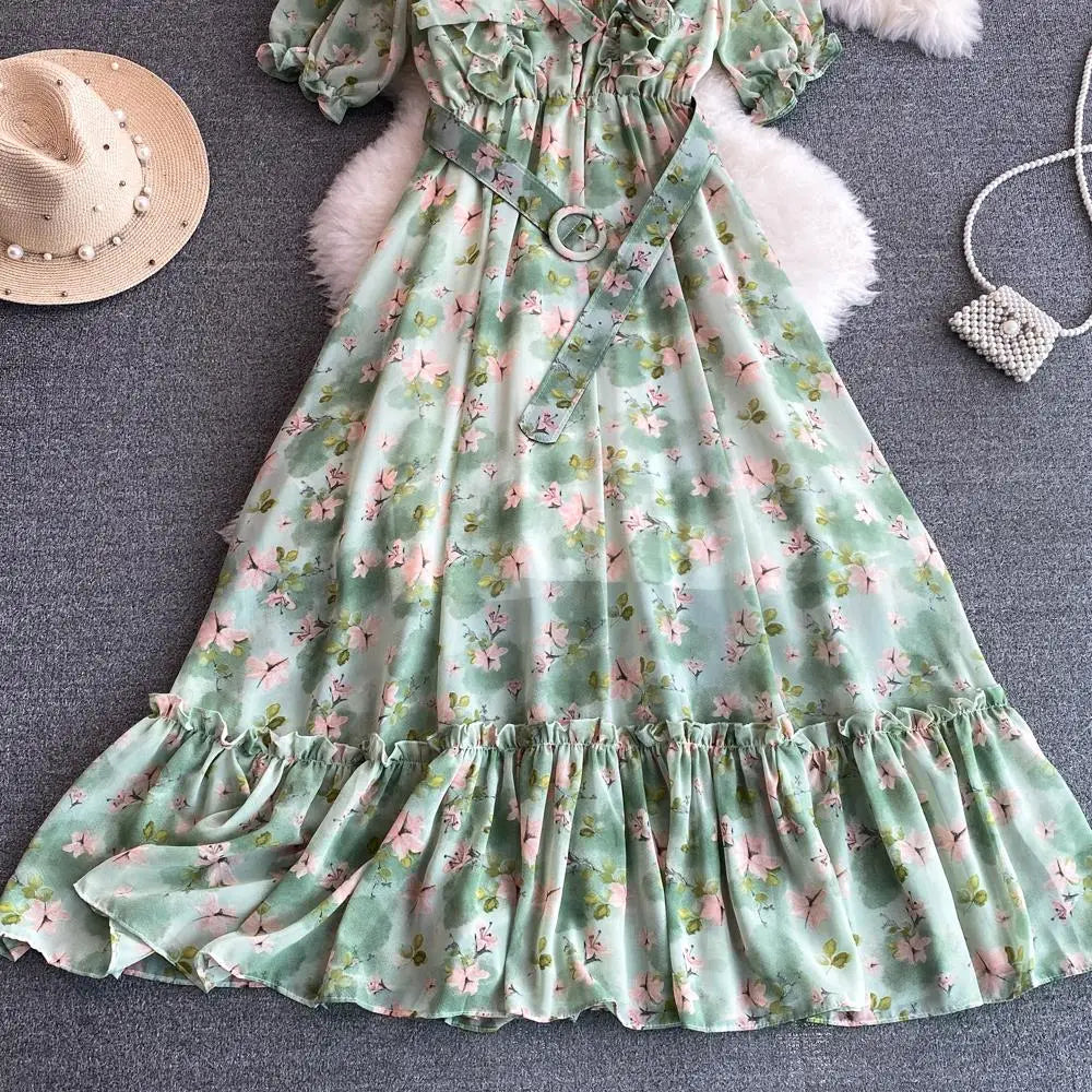Summer Women Fashion Floral Print Casual Midi Dress Short Sleeve A-Line Maxi Boho Holiday Clothes Female Long Robe Mujers New