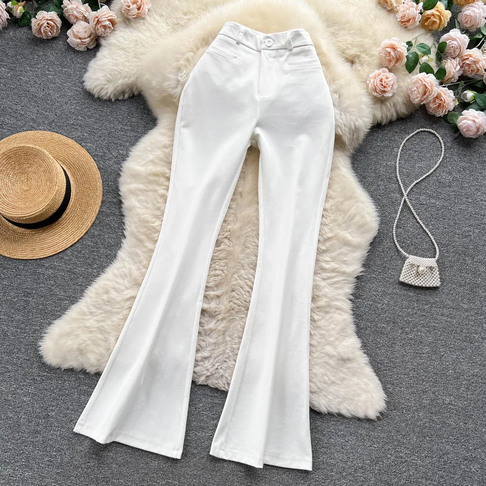 Spring Autumn Retro Flare Pants Women Casual High Waist Draping Slim Wide Leg Bottom Long Pants Korean White Black Trousers